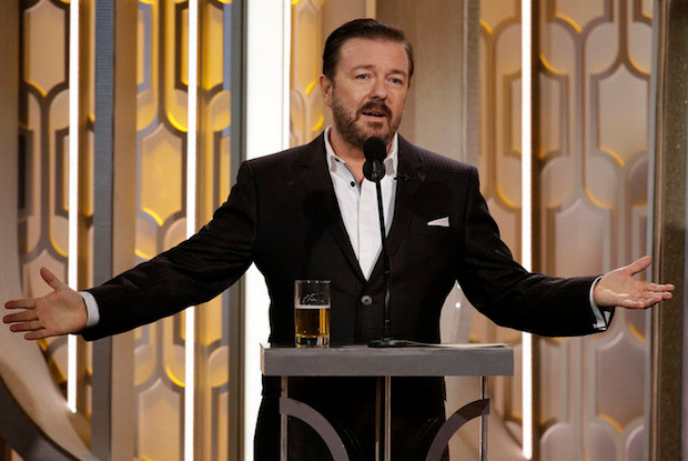 73rd ANNUAL GOLDEN GLOBE AWARDS -- Pictured: Ricky Gervais, Host at the 73rd Annual Golden Globe Awards held at the Beverly Hilton Hotel on January 10, 2016 -- (Photo by: Paul Drinkwater/NBC)