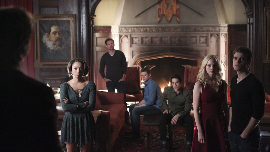 The Vampire Diaries -- "I'm Thinking of You All The While" -- Image Number: VD622b_0009.jpg -- Pictured (L-R): Ian Somerhalder as Damon (back to camera), Kat Graham as Bonnie, Matt Davis as Alaric, Zach Roerig as Matt, Michael Trevino as Tyler, Candice Accola as Caroline and Paul Wesley as Stefan -- Photo: Annette Brown/The CW -- ÃÂ© 2015 The CW Network, LLC. All rights reserved.