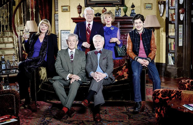 From ITV Vicious: SR2 on ITV Pictured: Violet [Frances de la Tour], Freddie [Ian McKellen], Mason [Philip Voss], Stuart [Derek Jacobi], Penelope [Marcia Warren] and Ash [Iwan Rheon]. This photograph is (C) ITV Plc and can only be reproduced for editorial purposes directly in connection with the programme or event mentioned above, or ITV plc. Once made available by ITV plc Picture Desk, this photograph can be reproduced once only up until the transmission [TX] date and no reproduction fee will be charged. Any subsequent usage may incur a fee. This photograph must not be manipulated [excluding basic cropping] in a manner which alters the visual appearance of the person photographed deemed detrimental or inappropriate by ITV plc Picture Desk.  This photograph must not be syndicated to any other company, publication or website, or permanently archived, without the express written permission of ITV Plc Picture Desk. Full Terms and conditions are available on the website www.itvpictures.com For further information please contact: james.hilder@itv.com / 0207 157 3052