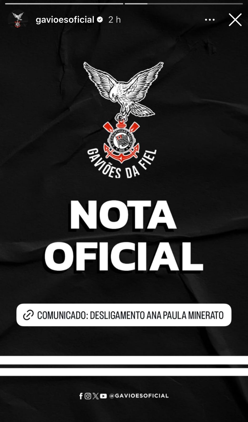 Gaviões da Fiel toma decisão sobre Ana Paula Minerato após falas racistas 2 Gaviões da Fiel via Instagram storie