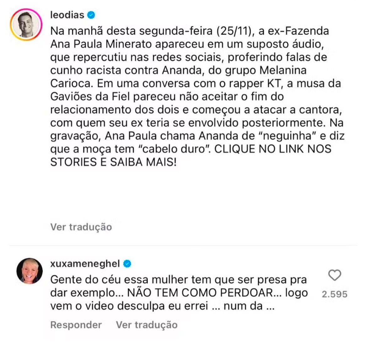 Xuxa em comentário via Instagram