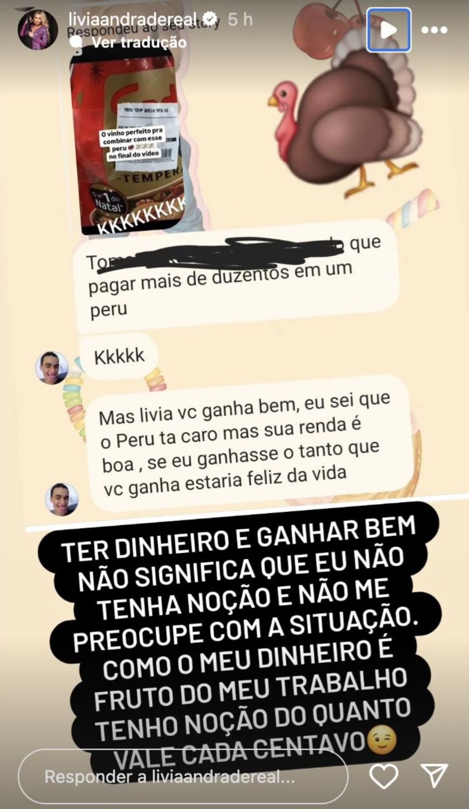 Lívia Andrade reponde críticas após reclamar do valor do peru de Natal 2 Livia Andrade via Instagram storie