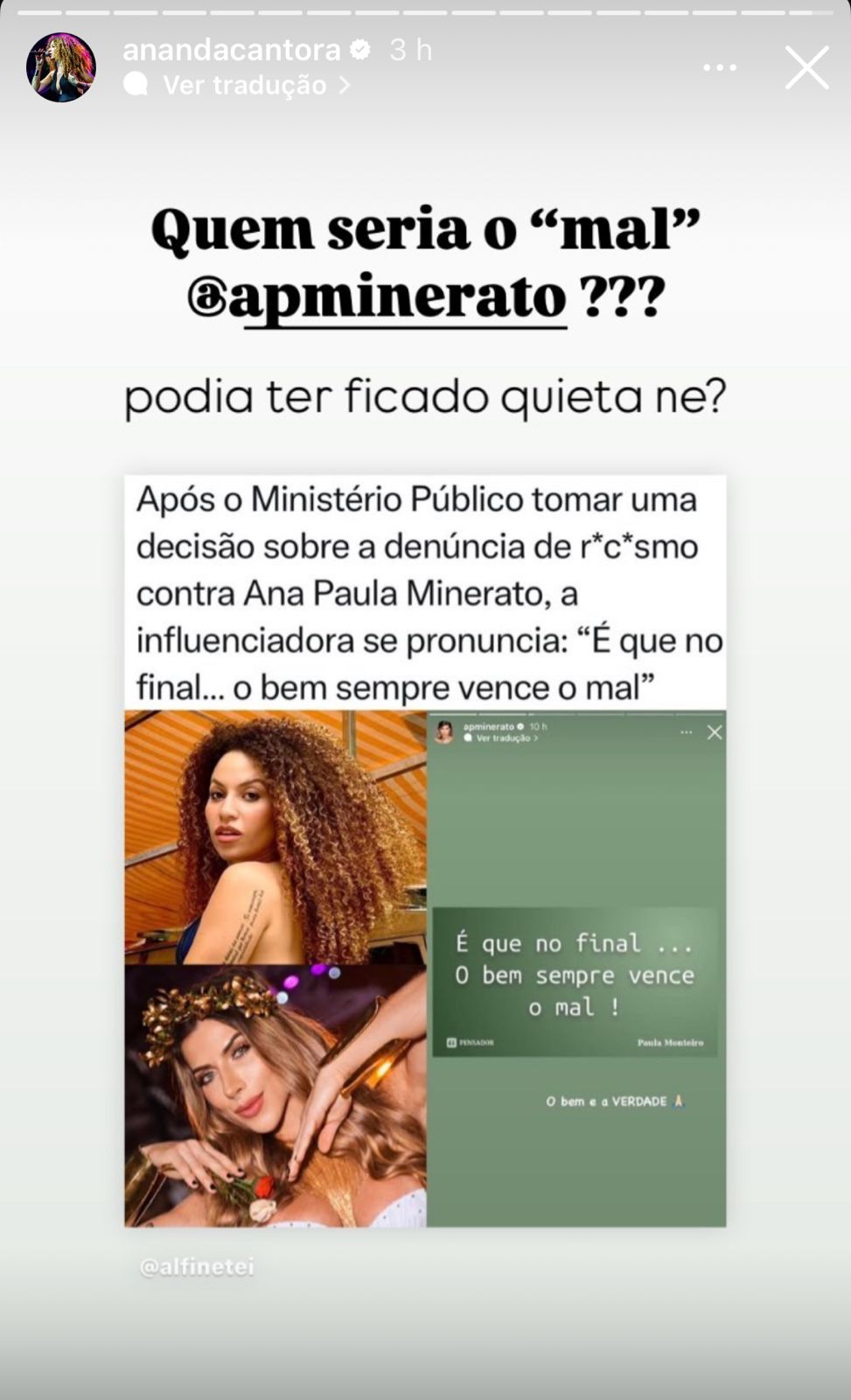 Ananda rebate Ana Paula Minerato sobre arquivamento de denúncia sobre racismo 2 Ananda via Instagram stories